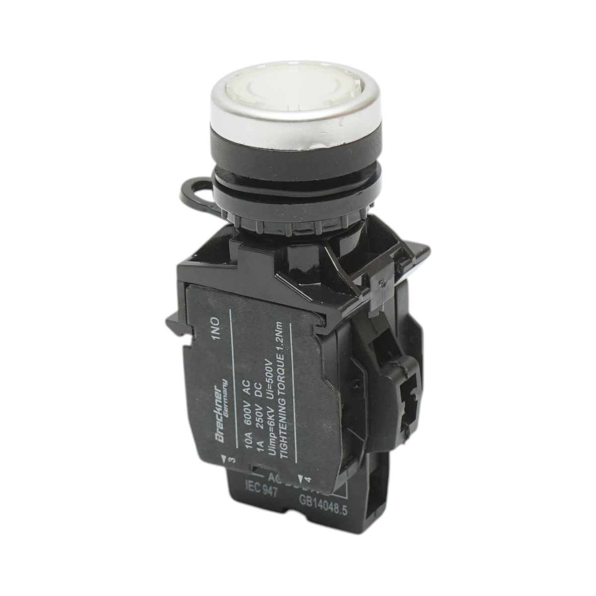 Buton comanda iluminat LED 24V AC/DC alb cu revenire 1NO+1NC, 10A/600V AC, 1A/250V DC LA42 Breckner Germany