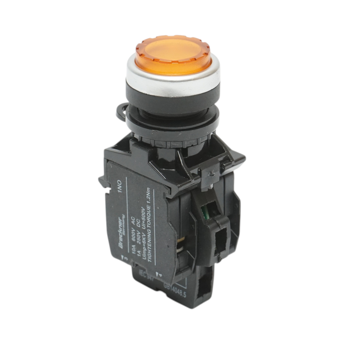 Buton comanda iluminat convex LED 24V AC/DC galben cu revenire 1NO+1NC, 10A/600V AC, 1A/250V DC LA42 Breckner Germany