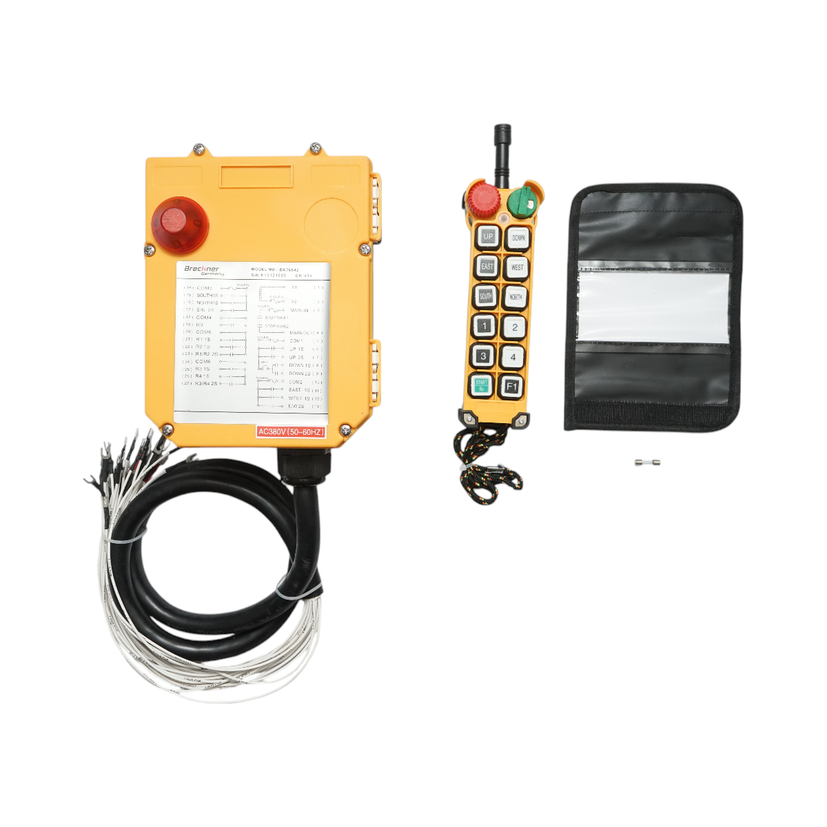 Telecomanda industriala wireless Breckner Germany, receptor AC 380V, 12 butoane, IP65, 433 MHz, contact 8 A, distanta <200 m, cablu 1.65 m, -40 pana la +85 C