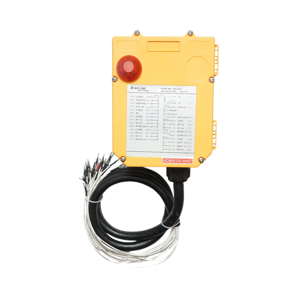 Telecomanda industriala wireless Breckner Germany, receptor AC 380V, 12 butoane, IP65, 433 MHz, contact 8 A, distanta <200 m, cablu 1.65 m, -40 pana la +85 C