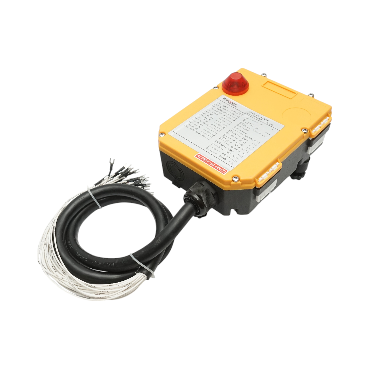 Telecomanda industriala wireless Breckner Germany, receptor AC 380V, 12 butoane, IP65, 433 MHz, contact 8 A, distanta <200 m, cablu 1.65 m, -40 pana la +85 C