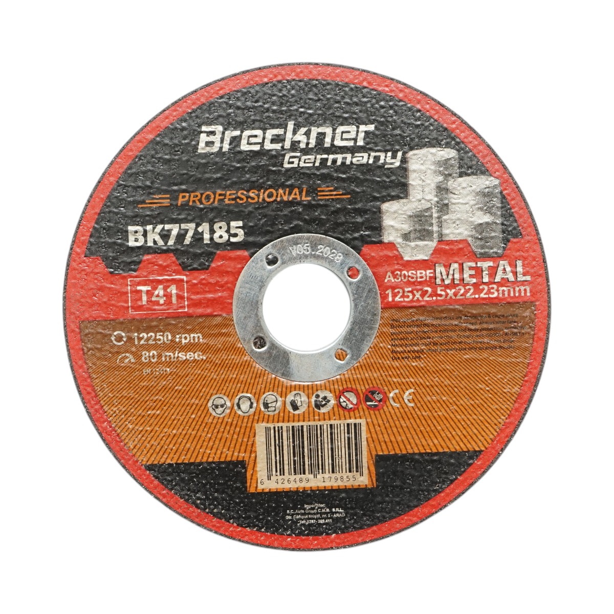 Disc debitat metal Breckner Germany T41 125x2.5x22.23 mm, pentru taiat si polizat otel, turatie max 12250 rpm