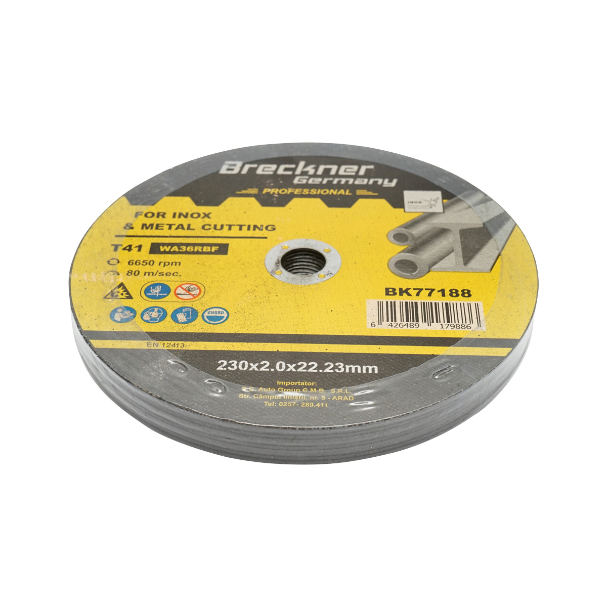 Panza disc flex Breckner Germany pentru debitat si polizat INOX, T41, 230x2.0x22.23 mm, turatie max 6650 rpm