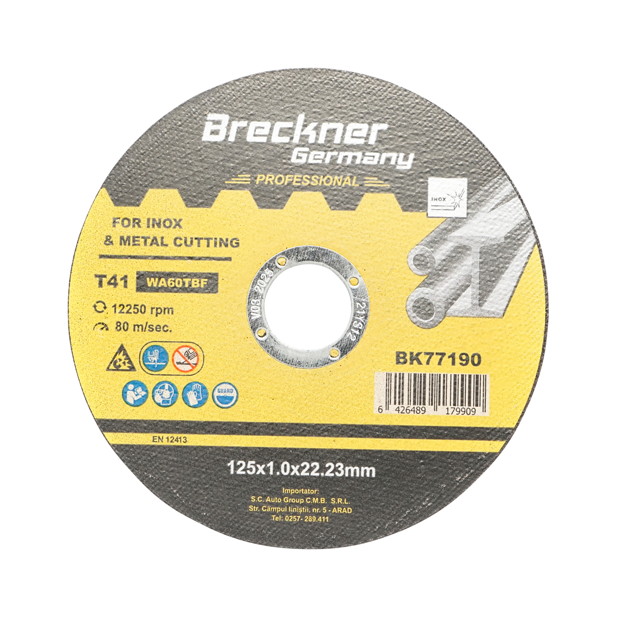 Disc flex pentru taiat inox Breckner Germany T41 125x1.0x22.23 mm, turatie max 12250 rpm