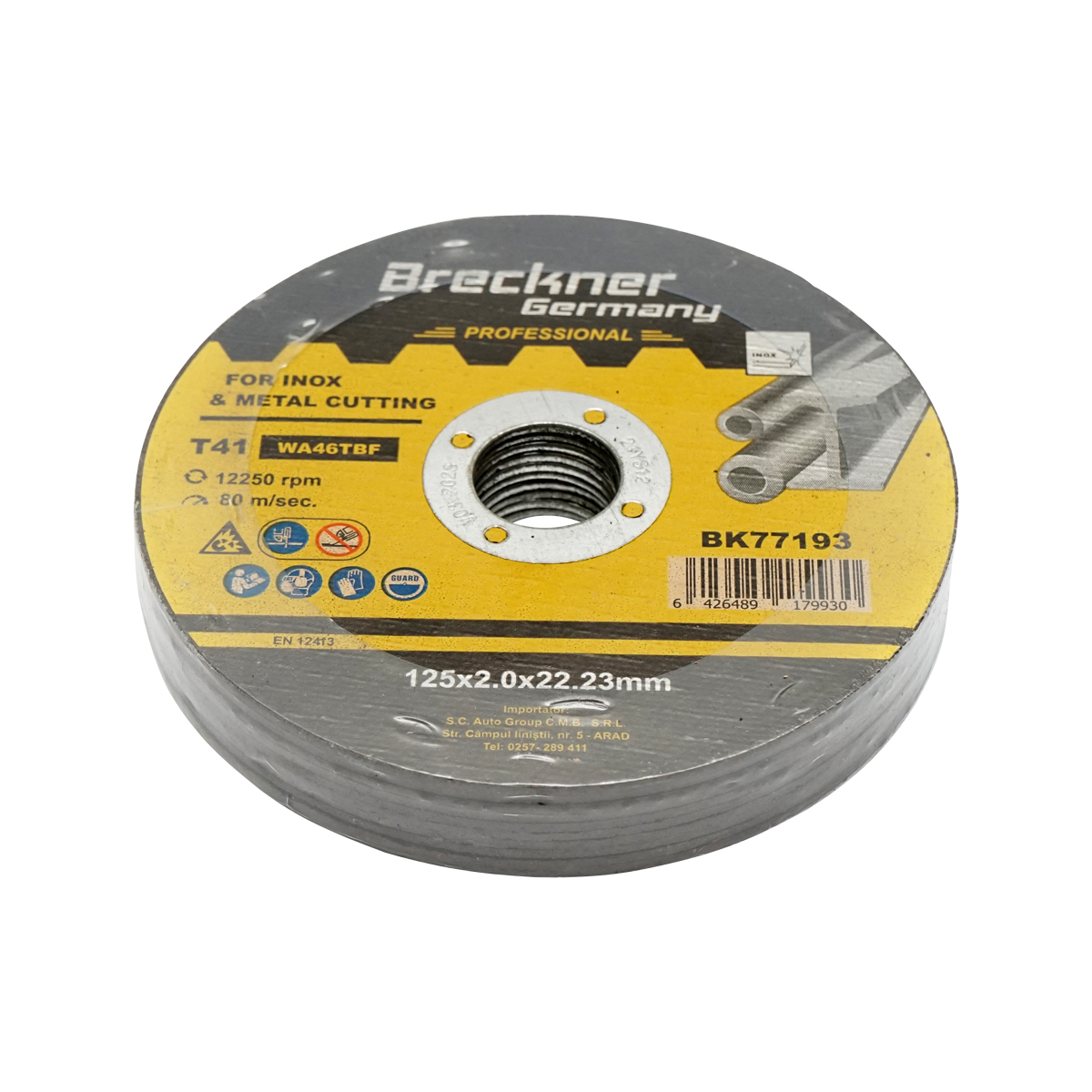 Panza disc flex pentru taiat si polizat inox Breckner Germany T41 125x2.0x22.23 mm, turatie max 12250 rpm