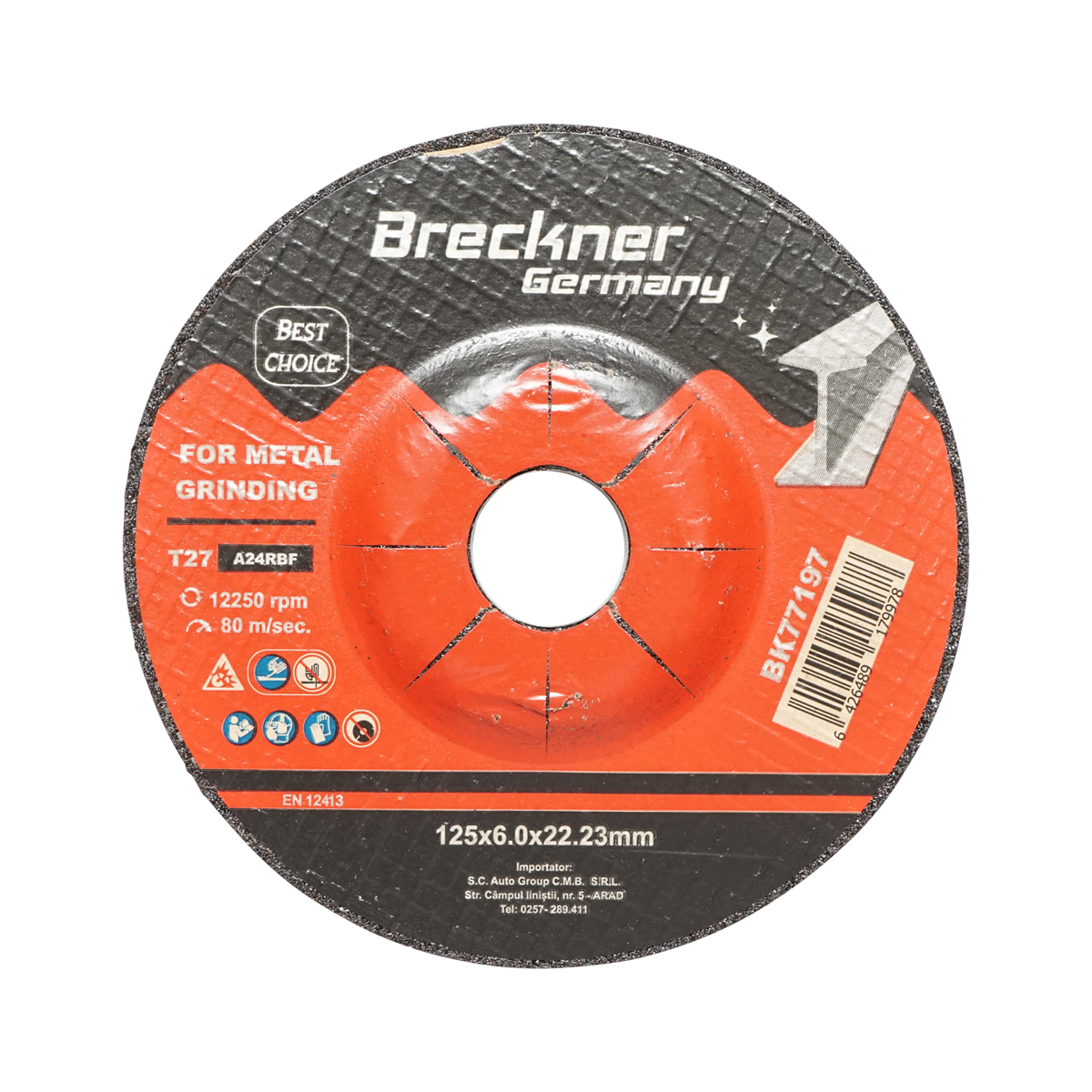 Disc flex T27 Breckner Germany pentru slefuire metal/inox, 125 x 6.0 x 22.23 mm, turatie max 12250 rpm