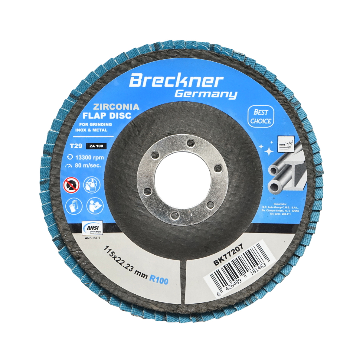 Disc lamelar abraziv cu zirconiu pentru polizat metal, inox P100, 115mm Breckner Germany