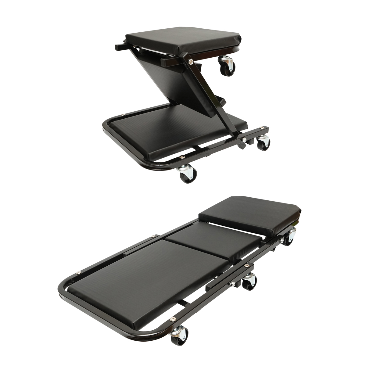 Scaun si pat cu role pentru atelier mecanic Breckner Germany, 440 x 1200 x 130 mm, 6 roti, greutate max scaun 120 kg, pat 150 kg, 5 kg