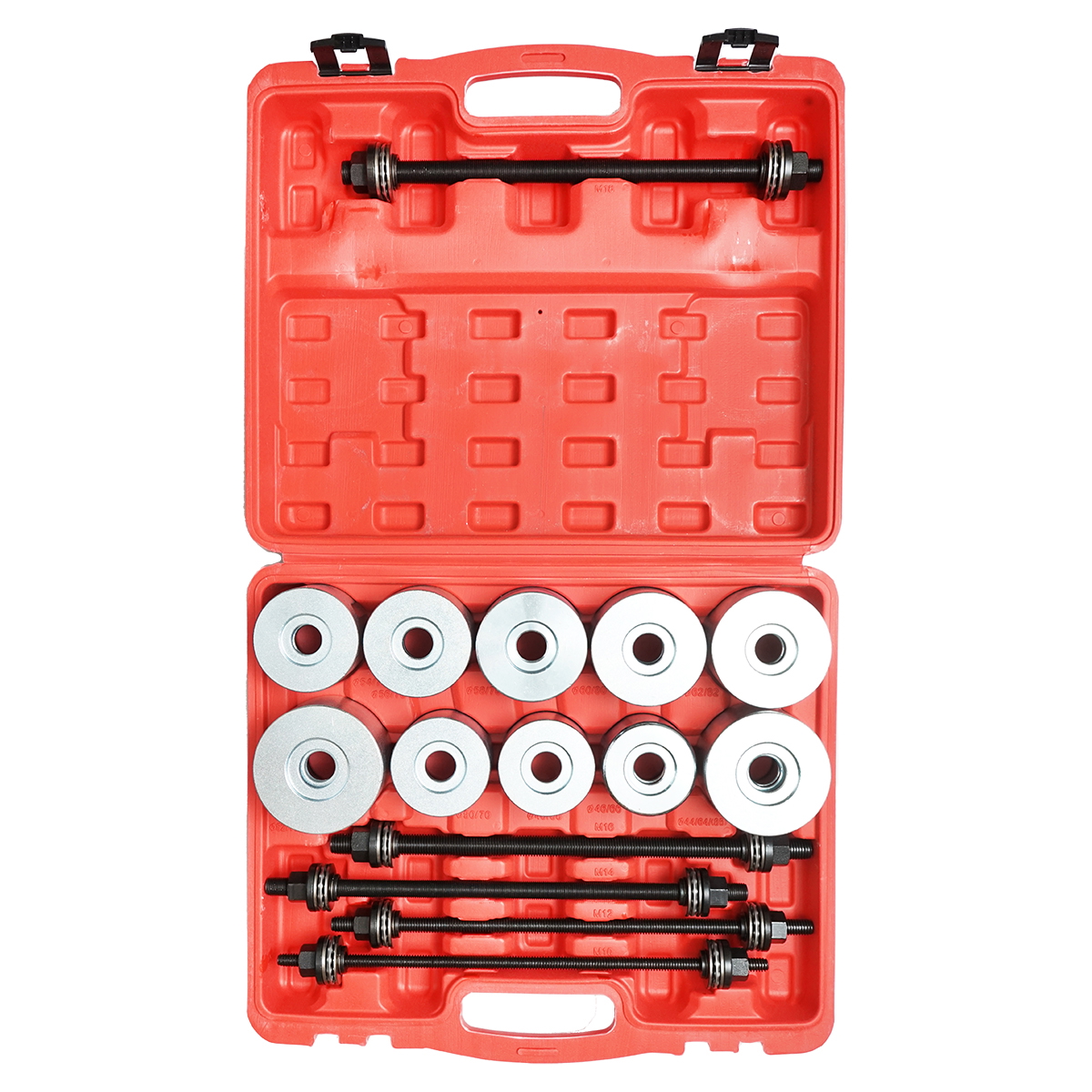 Trusa 27 piese extractoare bucse si rulmenti Breckner Germany 5 tije M10-M18 L=350 mm, 22 adaptoare DI 34-80 mm / DE 44-90 mm