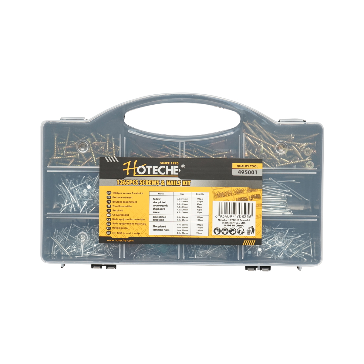 Trusa cuie si suruburi universale Hoteche 1365 piese, cap cruce inecat, cuie zincate pentru lemn, suruburi 3.0x16/20 mm, 3.5x35 mm, 4.0x25/30/50 mm