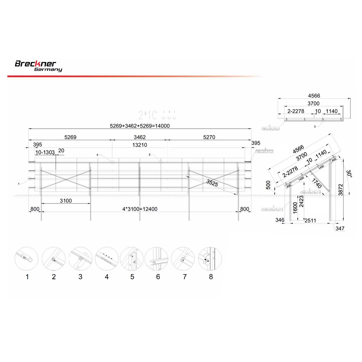 Sistem complet montare, structura sol cu stalpi 14m, 50cm garda sol, unghi 30 grade, 2x10PV/2x12PV panouri solare fotovoltaice 2278x1134, 2384x1096, 2384x1303mm