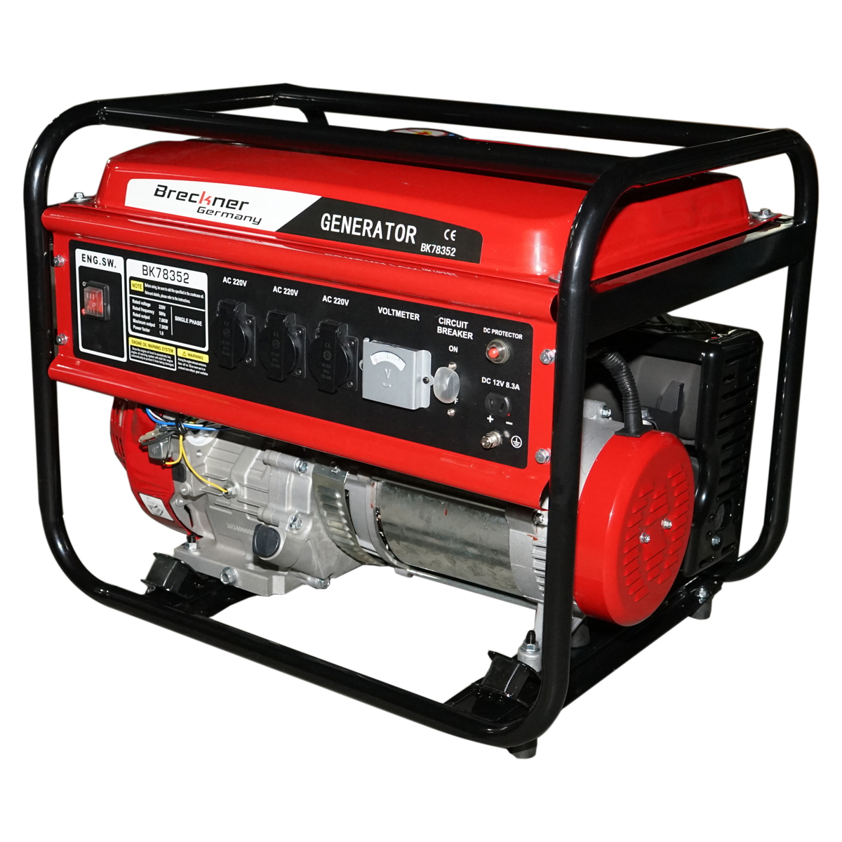 Generator electric Breckner Germany 7.5 kW / 220 V, benzina, motor 17 CP, pornire sfoara, rezervor 25 L, 3 prize monofazice 220 V, 700x535x550 mm, 75 kg