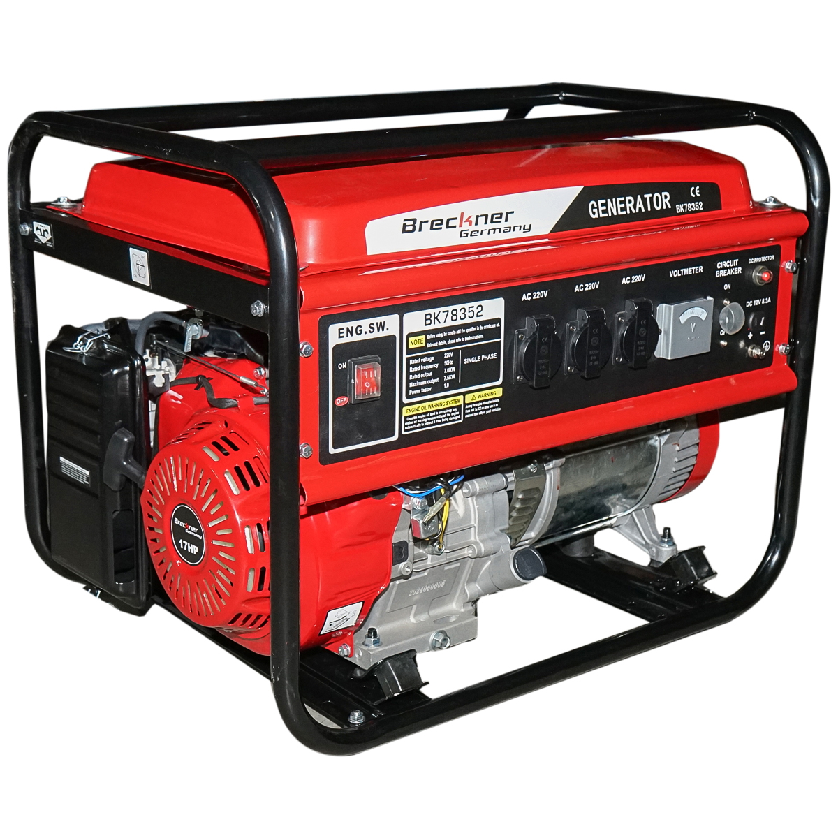 Generator electric Breckner Germany 7.5 kW / 220 V, benzina, motor 17 CP, pornire sfoara, rezervor 25 L, 3 prize monofazice 220 V, 700x535x550 mm, 75 kg