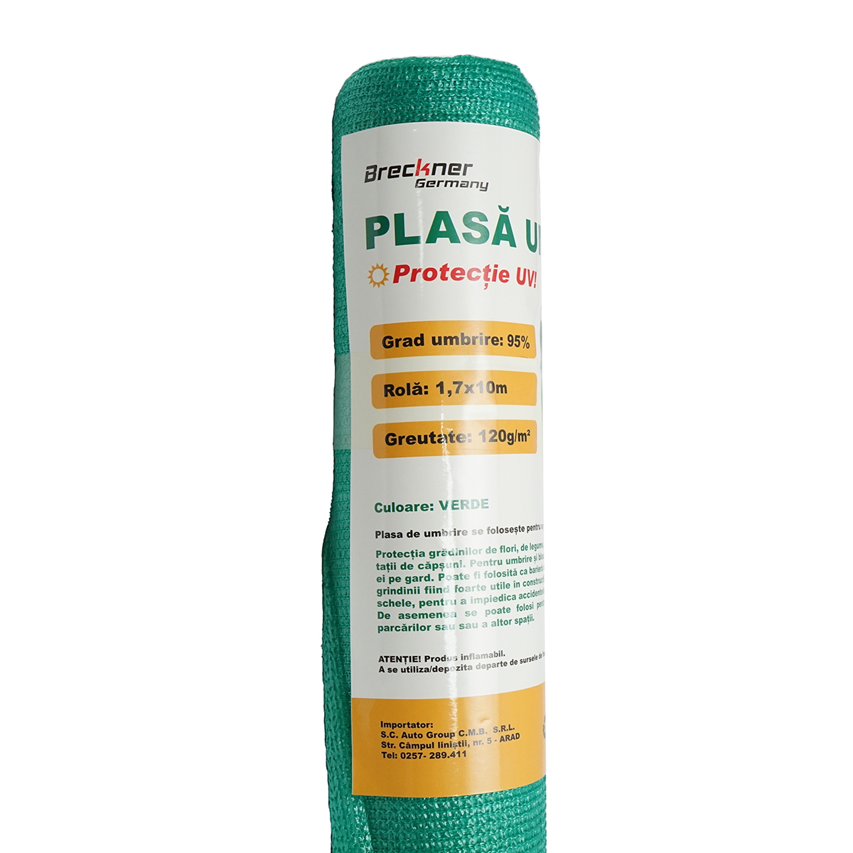 Plasa umbrire Verde 95% 1.7M x 10M, polietilena cu Protectie UV, 120 gr/mp - umbrire si protectie culturi agricole, mascare gard