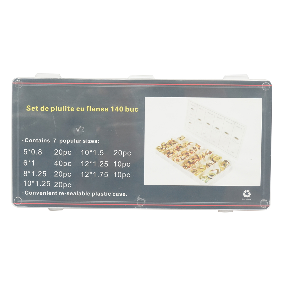 Trusa piulite cu flansa autoblocabila 140 piese - M5x0.8 (20), M6x1.0 (40), M8x1.25 (20), M10x1.25 (20), M10x1.5 (20), M12x1.25 (10), M12x1.75 (10)