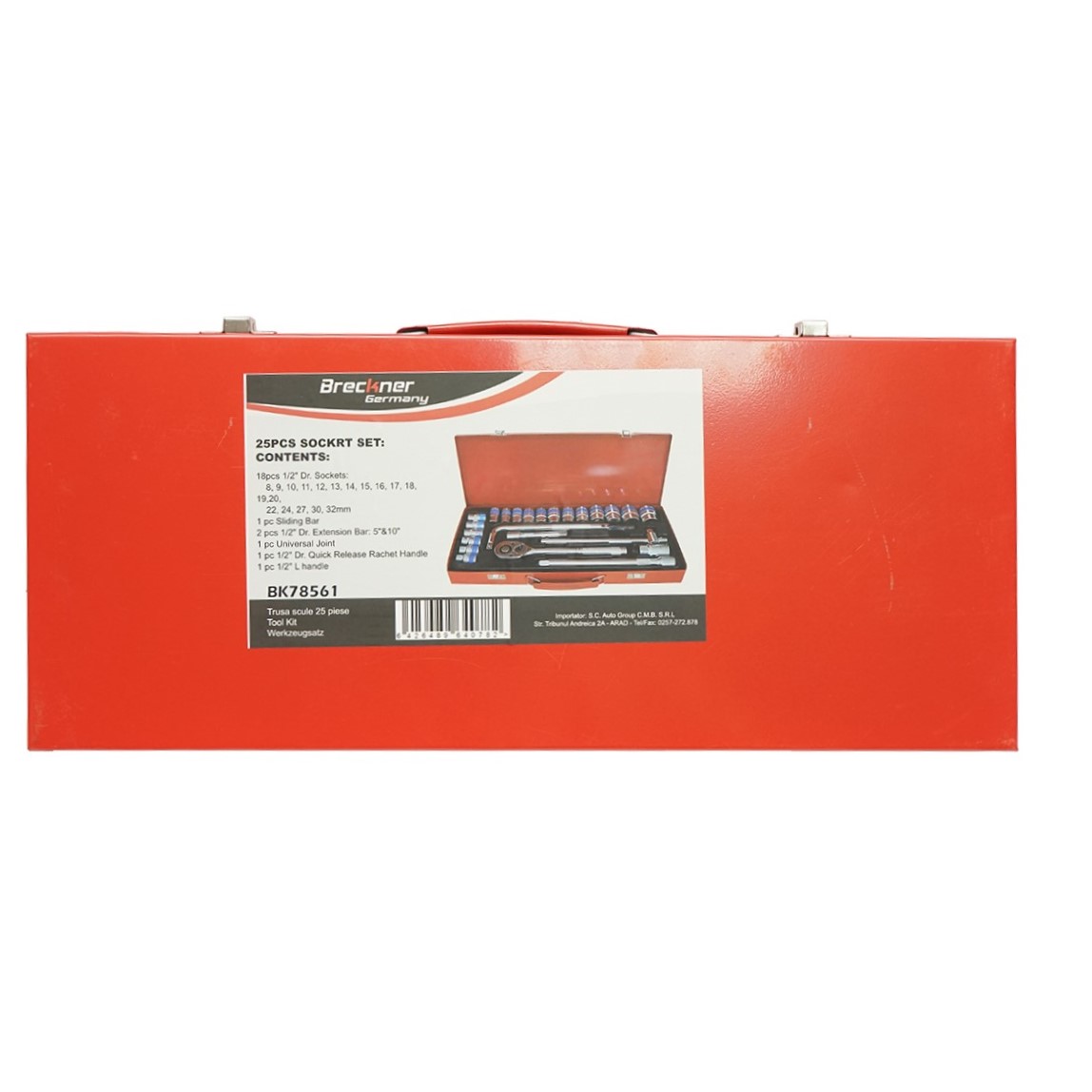 Trusa chei tubulare 1/2 inch 8-32mm, 25 piese Breckner Germany, clichet eliberare rapida, extensii 5 si 10 inch, articulatie universala, bara L, bara culisanta, valiza transport