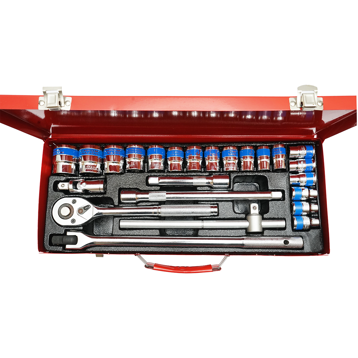 Trusa chei tubulare 1/2 inch 8-32 mm, clichet cu maner, 24 piese Breckner Germany cu extensii 5 si 10 inch, bara T glisanta, articulatie universala si tubulara bujii 21 mm