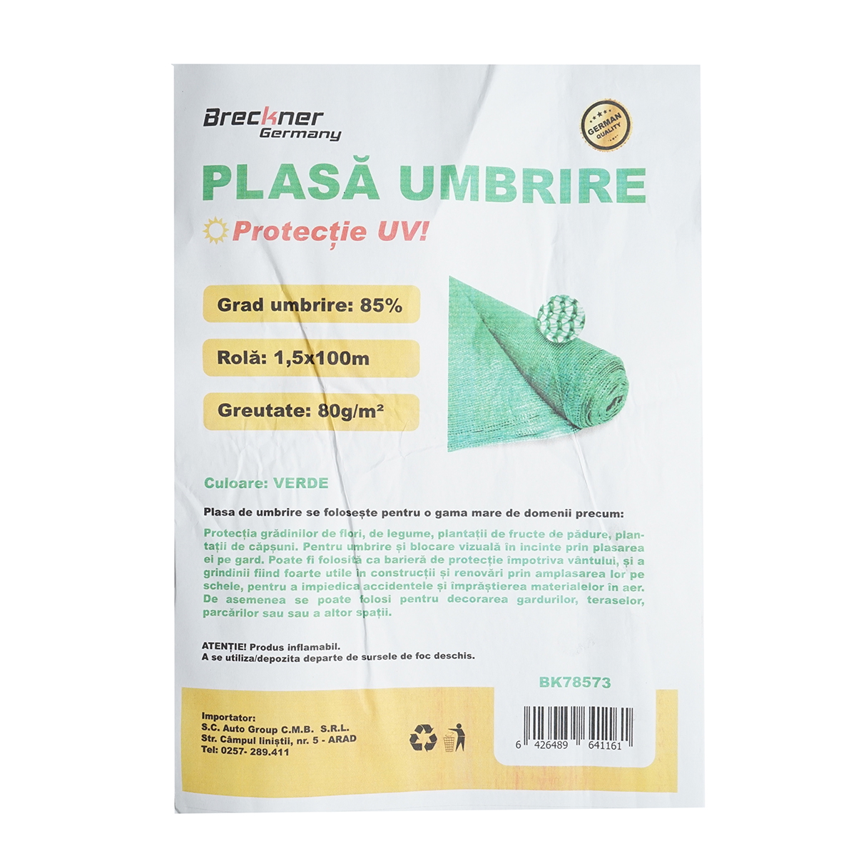 Plasa umbrire verde 85% 1.5M x 100M din polietilena, protectie UV, 80 gr/mp pentru umbrire, protectie culturi agricole, mascare gard