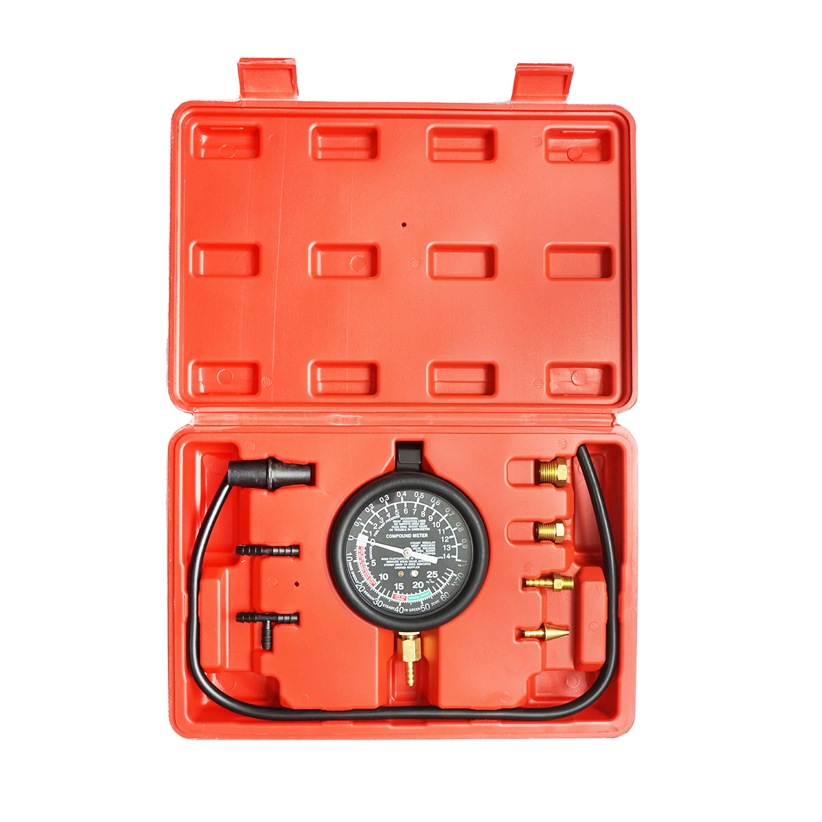 Trusa tester presiune combustibil si vacuum (vid) cu manometru analog Breckner Germany, utilizare universala pentru diagnostic injectoare, pompe combustibil, sisteme carburator/admisie si frane