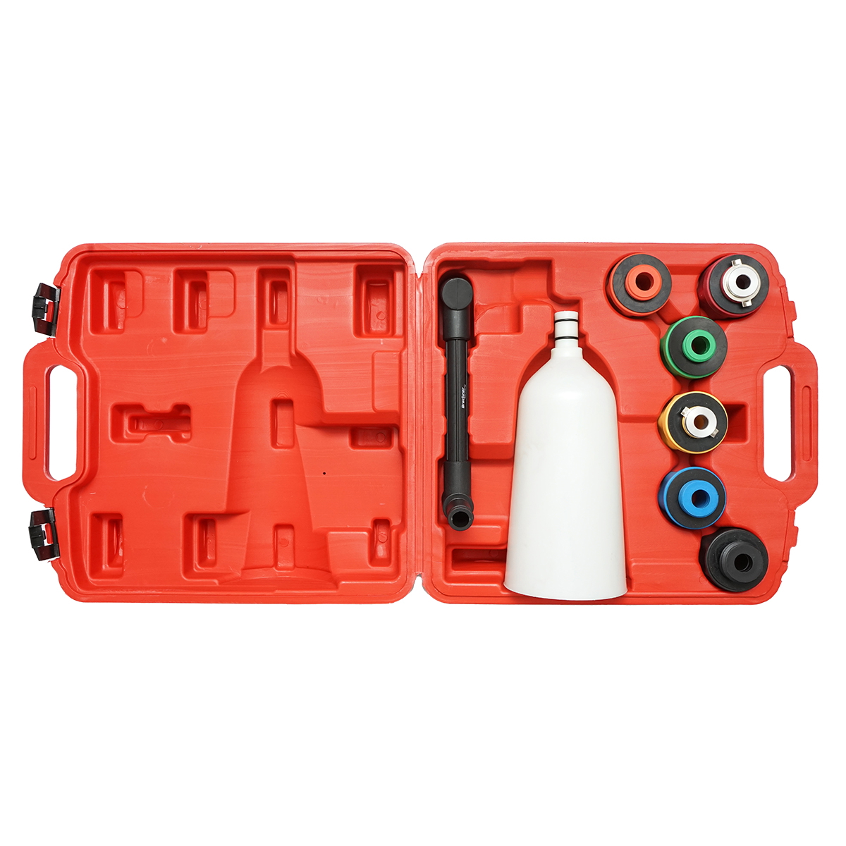 Trusa set palnie si adaptoare speciale pentru schimb ulei motor 8 piese Breckner Germany, cu palnie indoita, tub indoit, 1 adaptor si 6 adaptoare filetate, in trusa pentru depozitare si transport