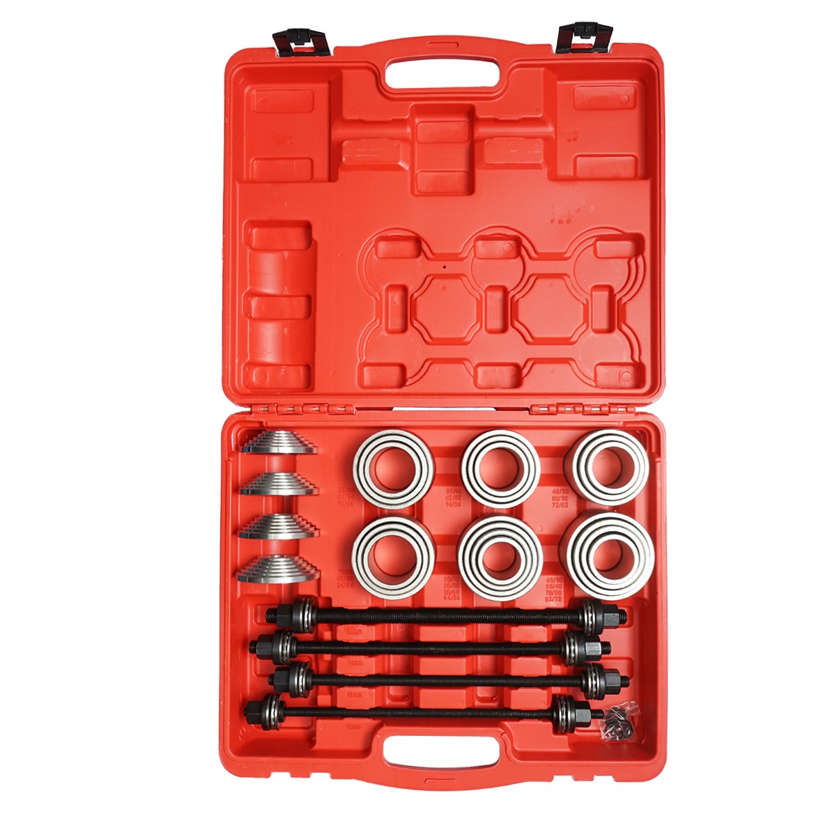 Trusa presa universala extras/montat/demontat bucse si rulmenti 28 piese Breckner Germany, 20 mansone presare 34-72 mm, 4 fusuri extragere M10 M12 M14 M16