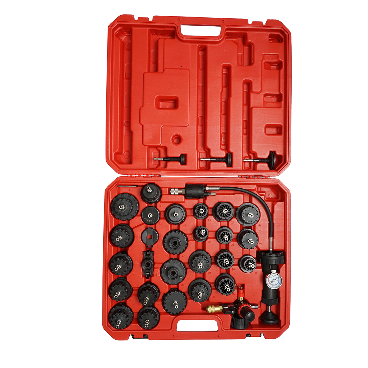 Trusa testare presiune radiator si sistem de racire 32 piese Breckner Germany, pompa mana, reductor presiune cu supapa, adaptoare BMW Audi VW Ford Mercedes Opel Volvo Toyota Honda + universale 27/35/50/60/62 mm