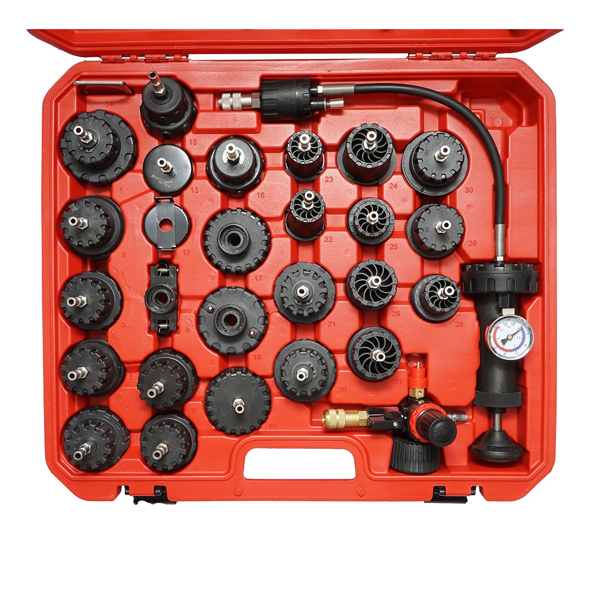 Trusa testare presiune radiator si sistem de racire 32 piese Breckner Germany, pompa mana, reductor presiune cu supapa, adaptoare BMW Audi VW Ford Mercedes Opel Volvo Toyota Honda + universale 27/35/50/60/62 mm