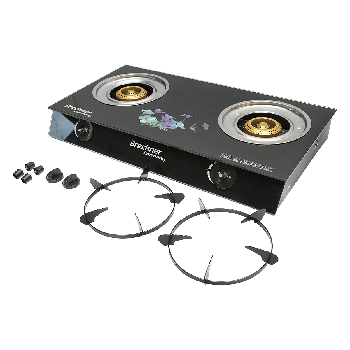 Aragaz/plita cu 2 arzatoare din fonta Breckner Germany, 2.5 kW, sticla securizata, aprindere automata piezo, intrerupator, consum 0.50 kg/h L.P.G, 700x380x94 mm, 5.76 kg