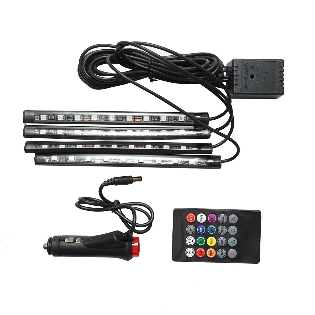 Banda LED lumini ambientale auto 12 V 9 W RGB (8 culori), 4 x 26 cm, telecomanda, control muzical, conectare la priza bricheta, Breckner Germany