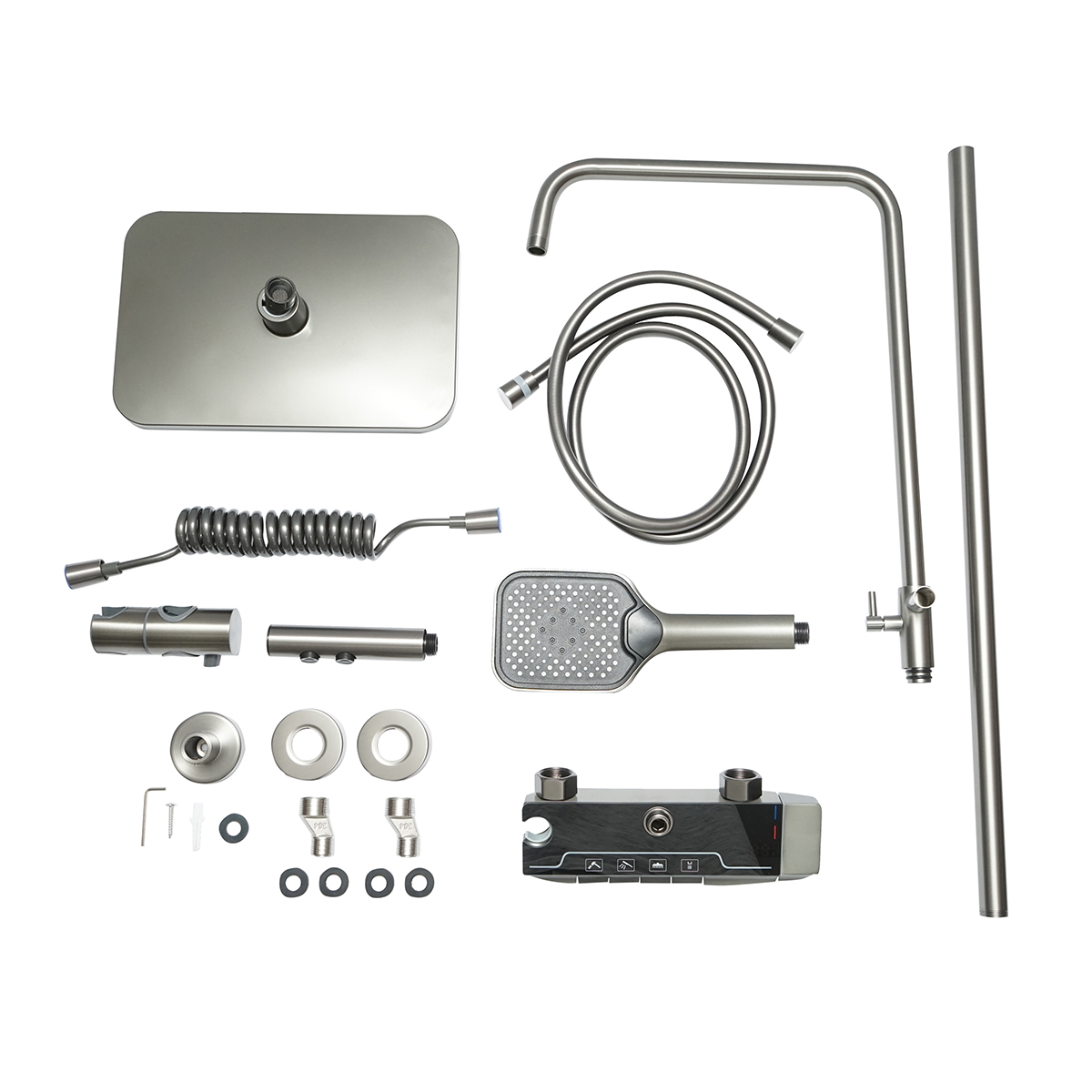 Set dus multifunctional cu termostat, AFISAJ digital temperatura (dinam integrat), 4 functii: pipa cada, dus dreptunghiular tip ploaie, dus de mana, dus bideu, gri