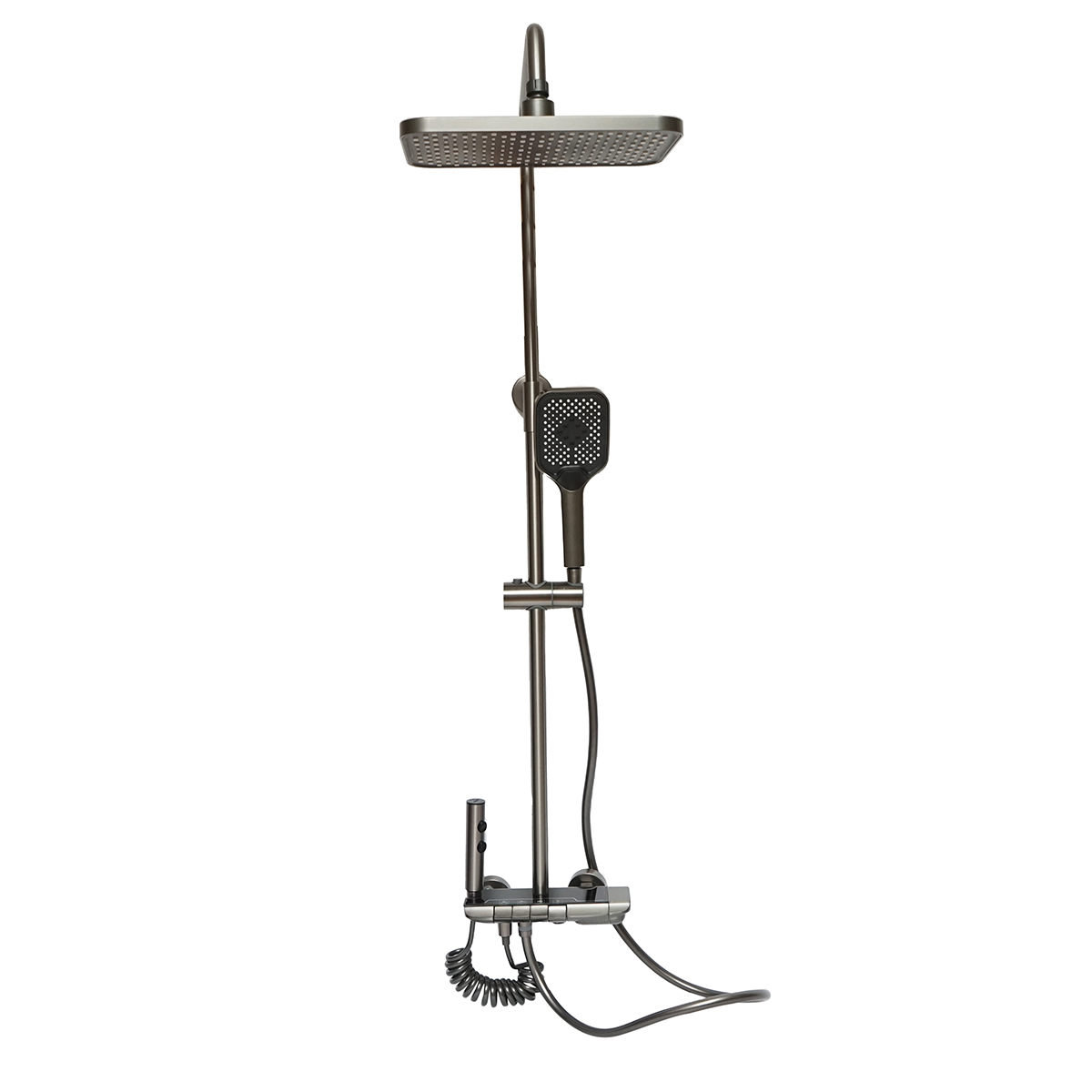 Set dus multifunctional cu termostat, AFISAJ digital temperatura (dinam integrat), 4 functii: pipa cada, dus dreptunghiular tip ploaie, dus de mana, dus bideu, gri