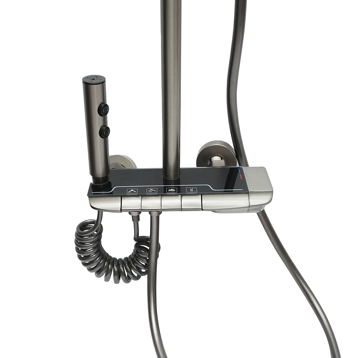 Set dus multifunctional cu termostat, AFISAJ digital temperatura (dinam integrat), 4 functii: pipa cada, dus dreptunghiular tip ploaie, dus de mana, dus bideu, gri