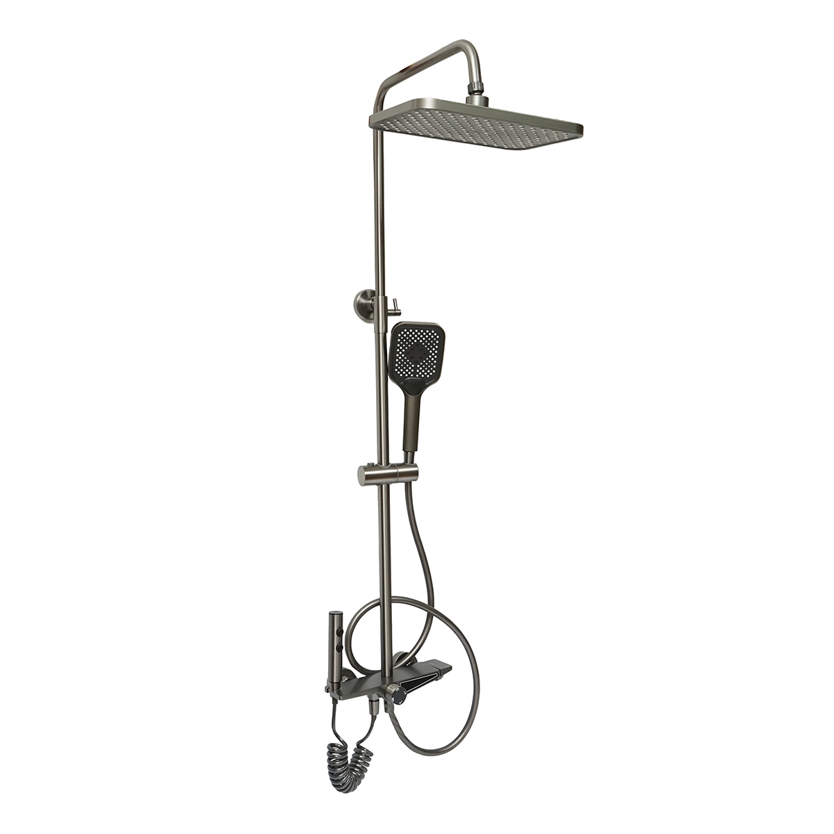 Set dus multifunctional cu termostat si afisaj digital temperatura apa, 4 functii: pipa cada, dus dreptunghiular tip ploaie, dus de mana, dus bideu, gri