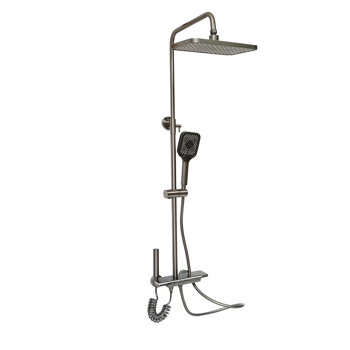 Set dus multifunctional cu termostat, afisaj digital temperatura cu dinam integrat, 4 functii curgere: pipa cada, dus tip ploaie dreptunghiular, dus de mana, dus bideu, gri