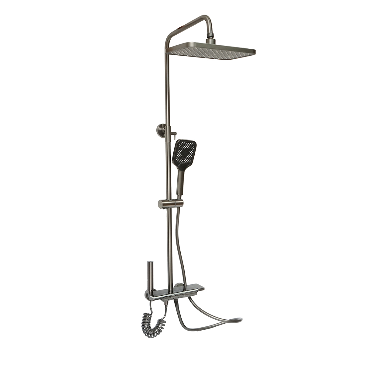 Set dus multifunctional cu termostat, afisaj digital temperatura apa, 4 functii de curgere a apei, pipa cada, dus dreptunghiular, dus de mana, dus bideu, gri