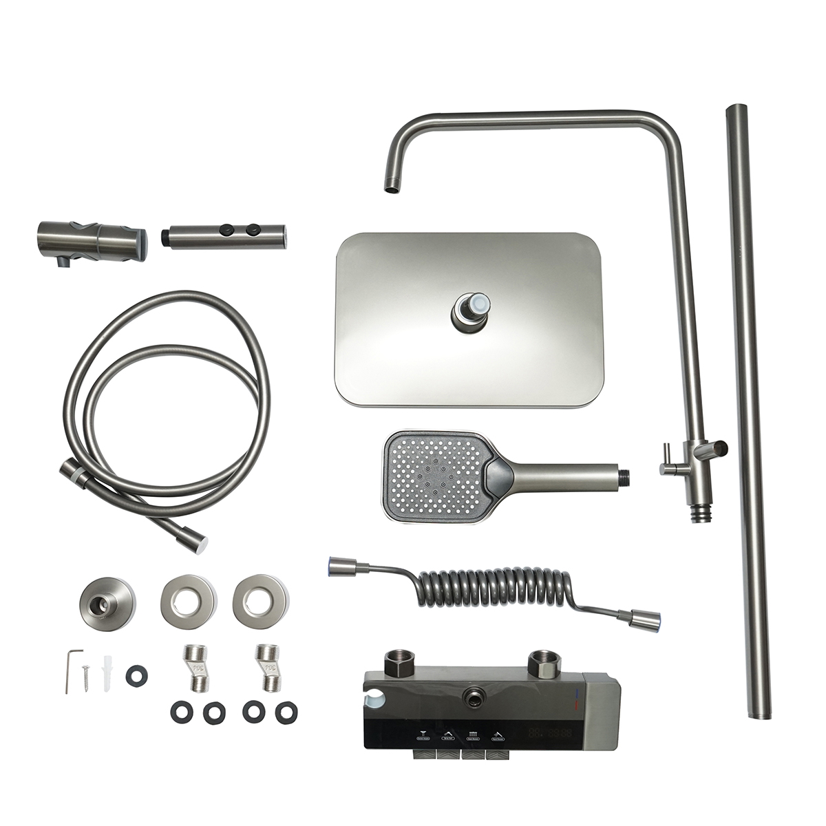 Set dus multifunctional cu termostat si afisaj digital temperatura, 4 functii: pipa cada, dus dreptunghiular tip ploaie, dus de mana, dus bideu, gri