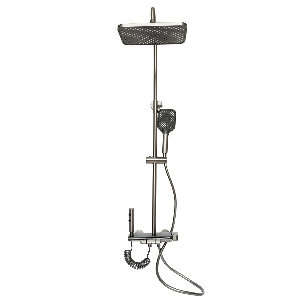 Set dus multifunctional cu termostat si afisaj digital temperatura, 4 functii: pipa cada, dus dreptunghiular tip ploaie, dus de mana, dus bideu, gri