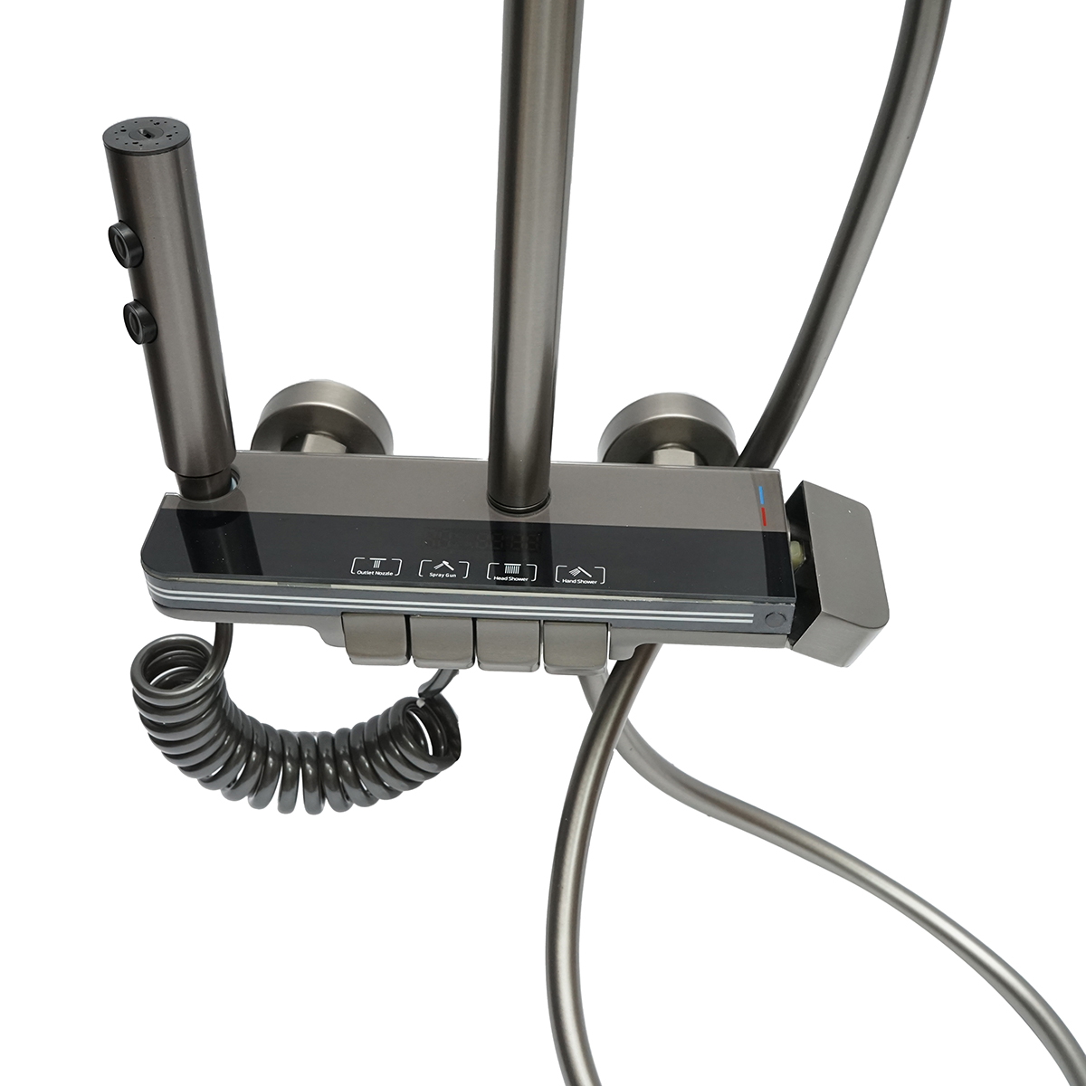 Set dus multifunctional cu termostat si afisaj digital temperatura, 4 functii: pipa cada, dus dreptunghiular tip ploaie, dus de mana, dus bideu, gri