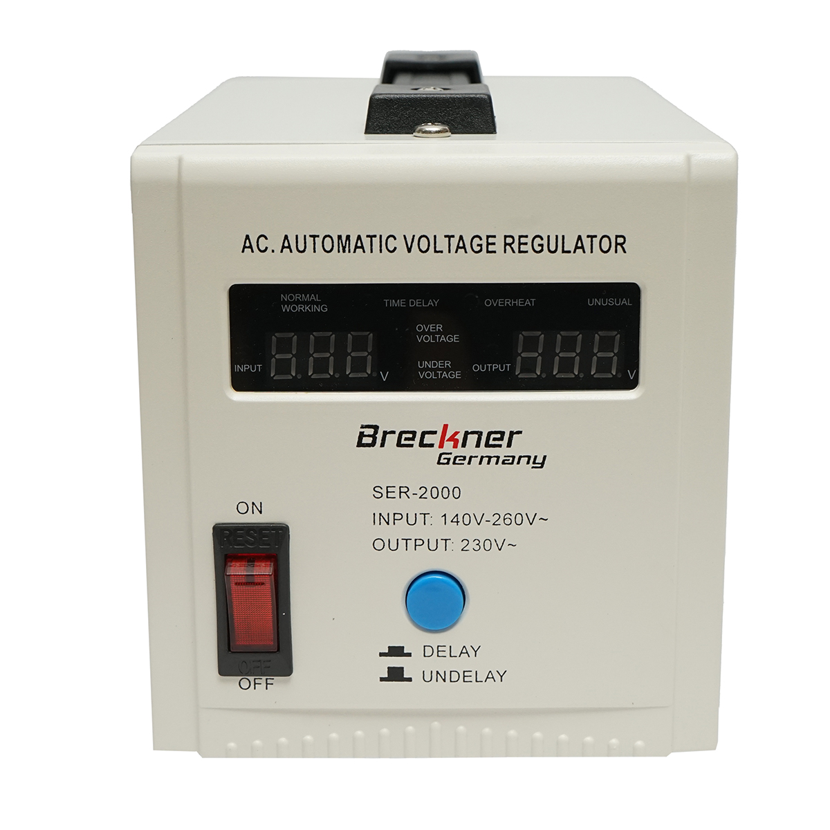 Stabilizator automat de tensiune monofazic cu releu 2000VA/140-260V, 2 prize schuko 230V, afisaj LCD Breckner Germany