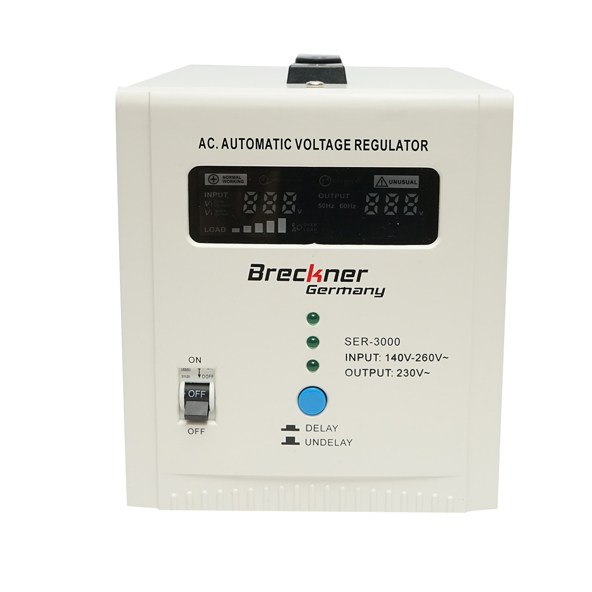 Stabilizator automat de tensiune 3000VA cu releu monofazat, 2 prize schuko 230V, afisaj LCD Breckner Germany