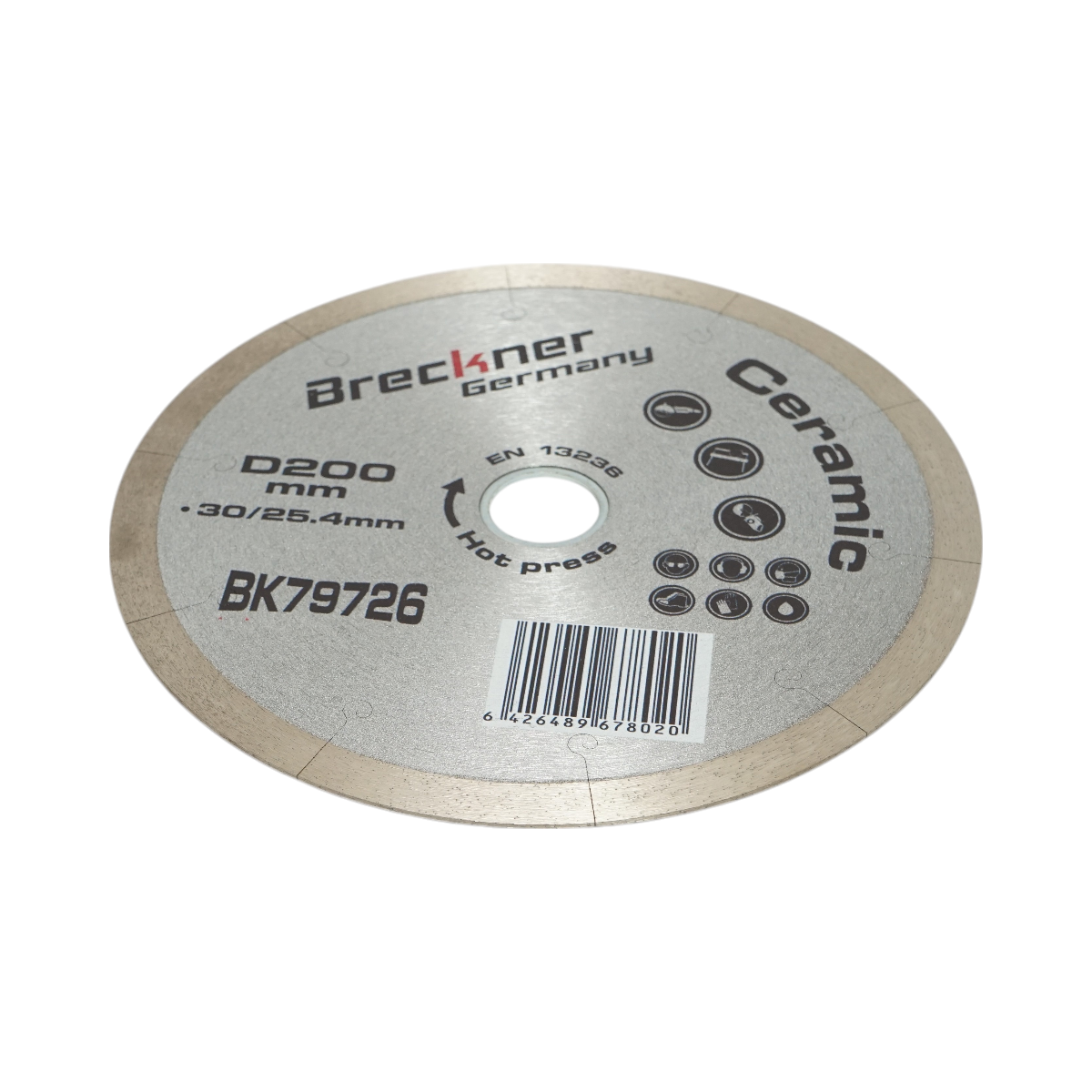 Disc diamantat Breckner Germany continuu cu fante J, 200mm, alezaj 30/25.4mm, segment 10mm, pentru gresie, faianta, ceramica dura, marmura