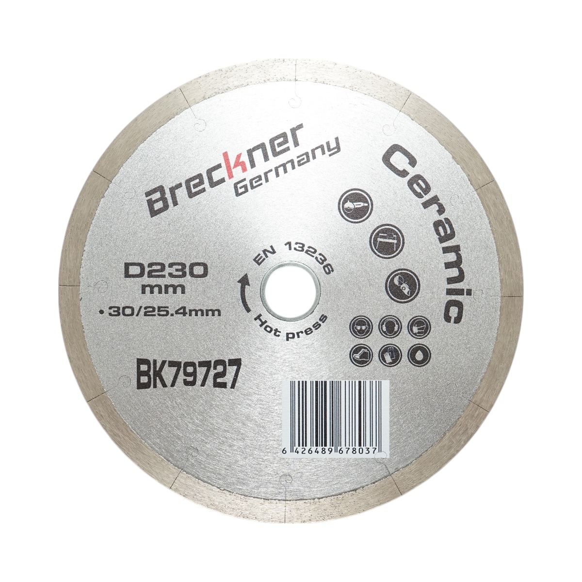 Disc diamantat Breckner Germany continuu cu fante J, 230 mm, alezaj 30/25.4 mm, segment 10 mm, pentru gresie, faianta, ceramica dura si marmura
