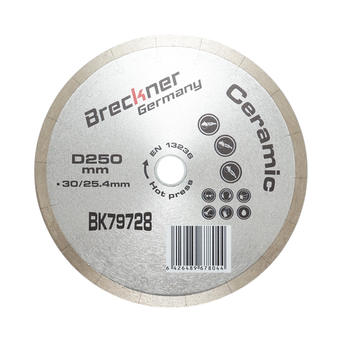 Disc diamantat Breckner Germany continuu cu fante J 250 mm, alezaj 30/25.4 mm, segment 10 mm - pentru gresie, faianta, ceramica dura, marmura