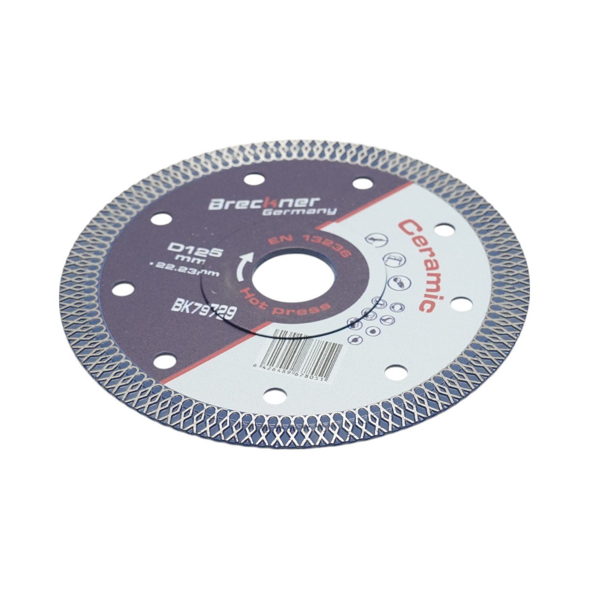 Disc diamantat Turbo continuu Breckner Germany 125x22.23 mm, segment 10 mm, presare la cald, pentru gresie, faianta, ceramica dura