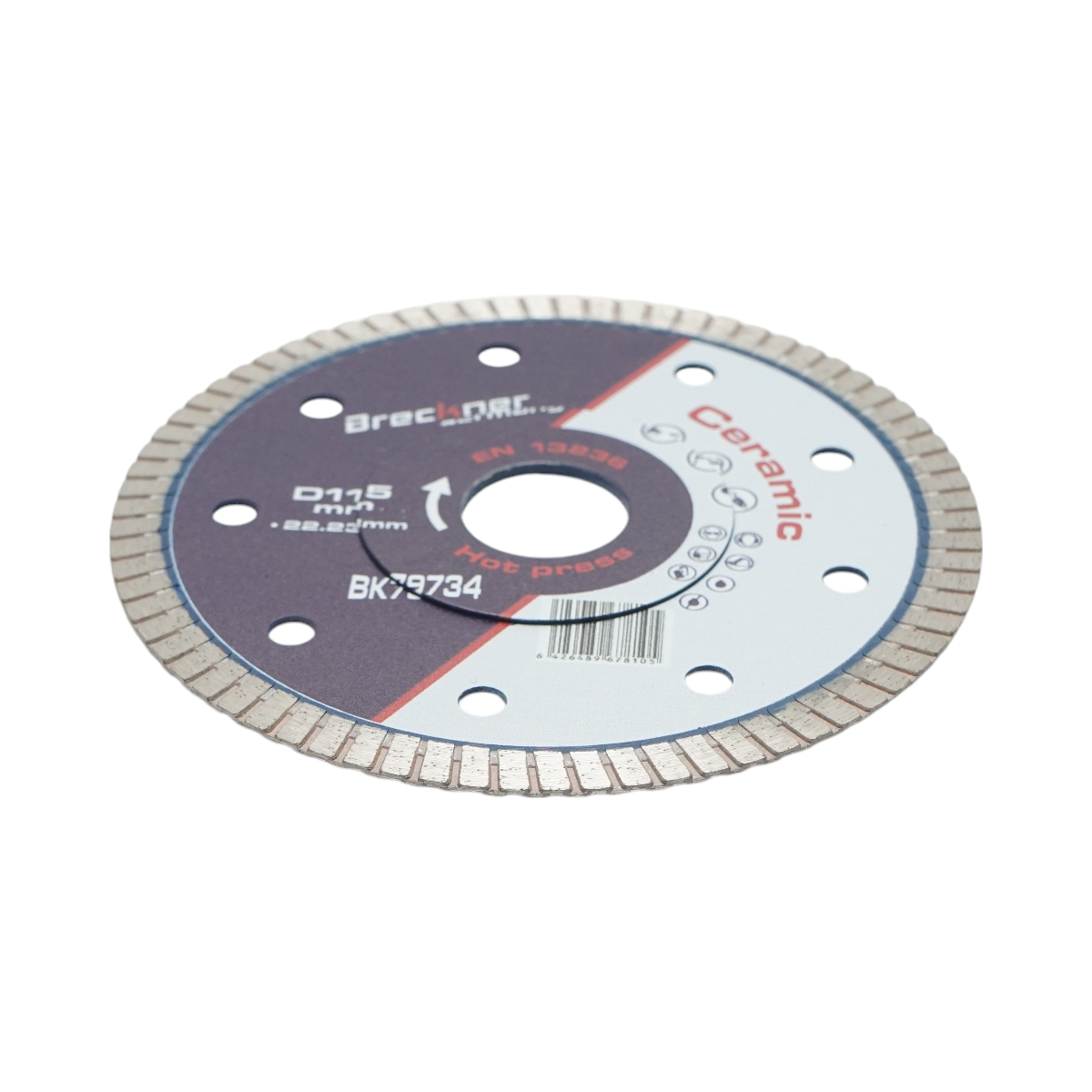 Disc diamantat turbo continuu Breckner Germany 115x22.23 mm, segment 8 mm, profil spirala, presare la cald, pentru gresie, faianta, ceramica dura, marmura, granit