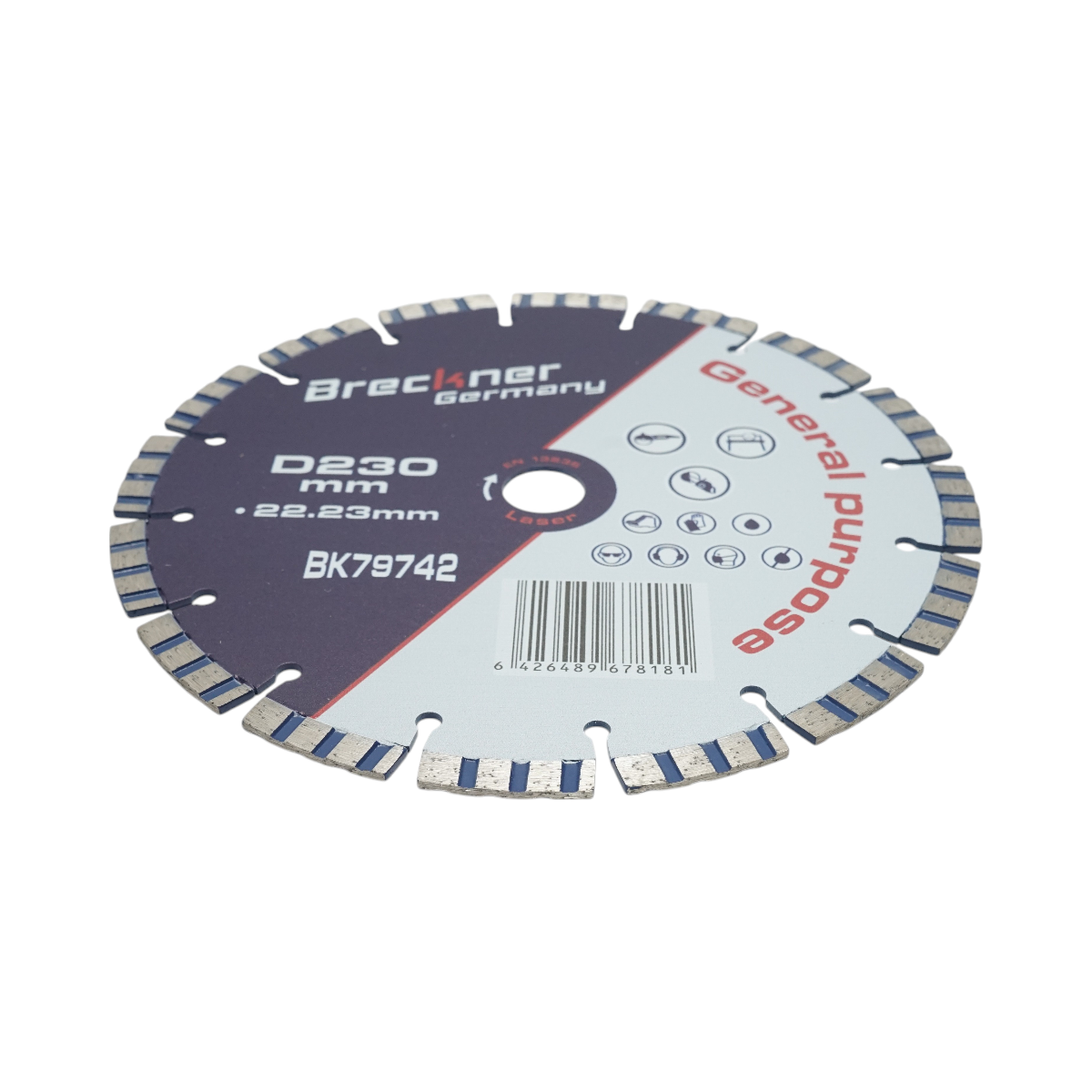 Disc diamantat turbo segmentat Breckner Germany 230x22.23 mm, segment 10 mm, Tehnologie Laser, pentru beton armat, piatra dura, pavele