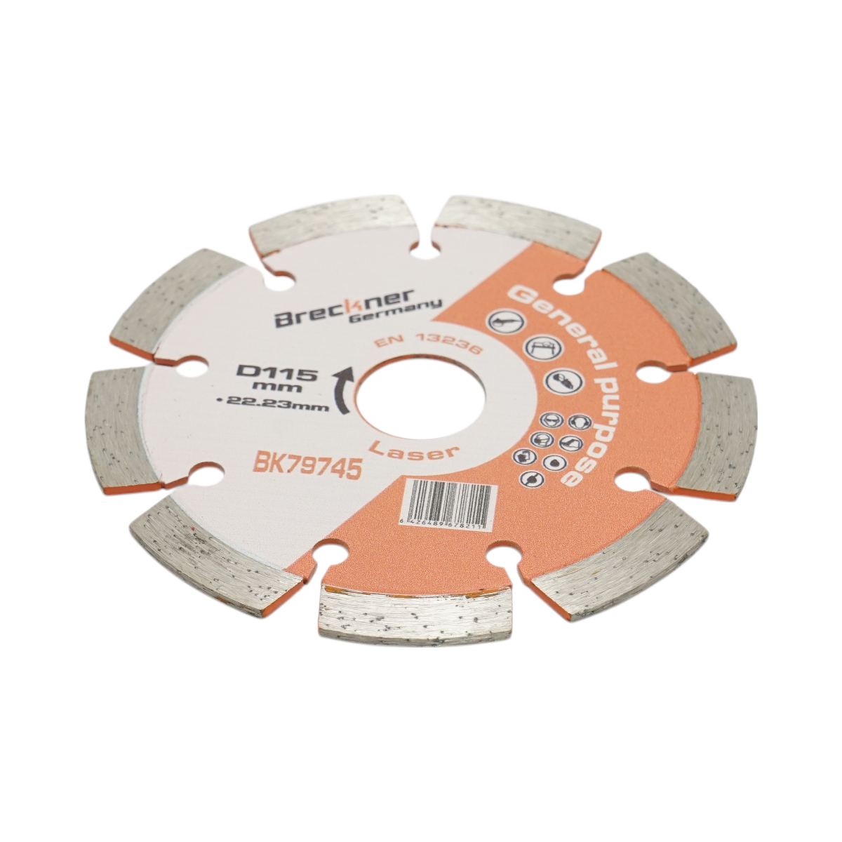 Disc diamantat segmentat Breckner Germany, 115x22.23 mm, segment 10 mm, tehnologie Laser, pentru caramida, beton, zidarie, boltari, piatra