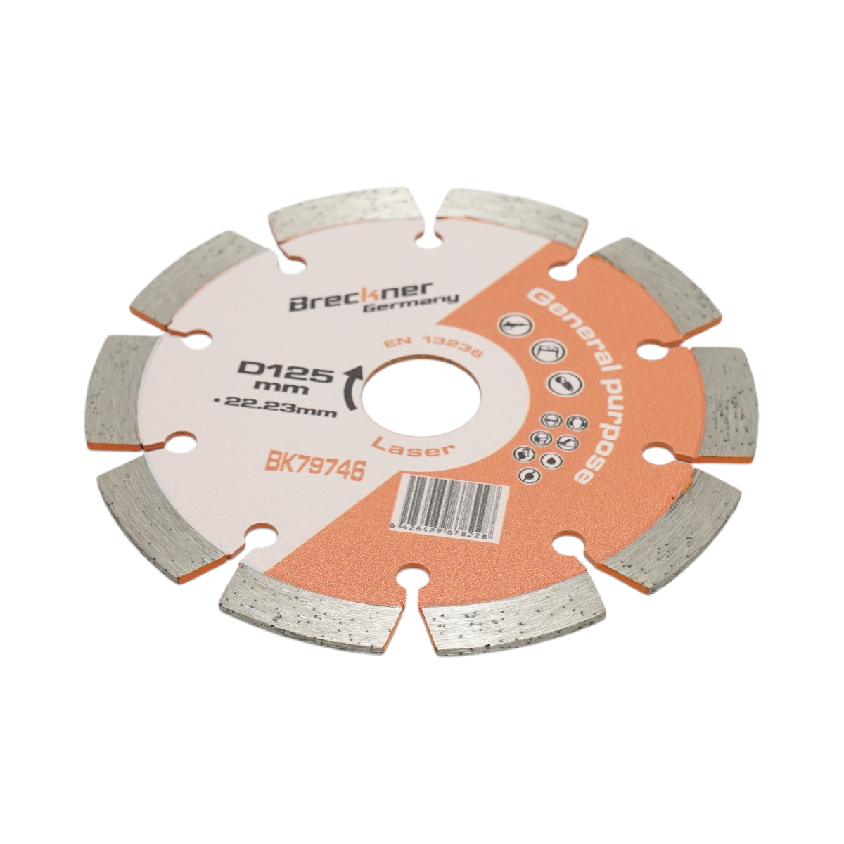 Disc diamantat segmentat Breckner Germany 125x22.23 mm, segment 10 mm, tehnologie Laser, pentru caramida, beton, zidarie, boltari, piatra