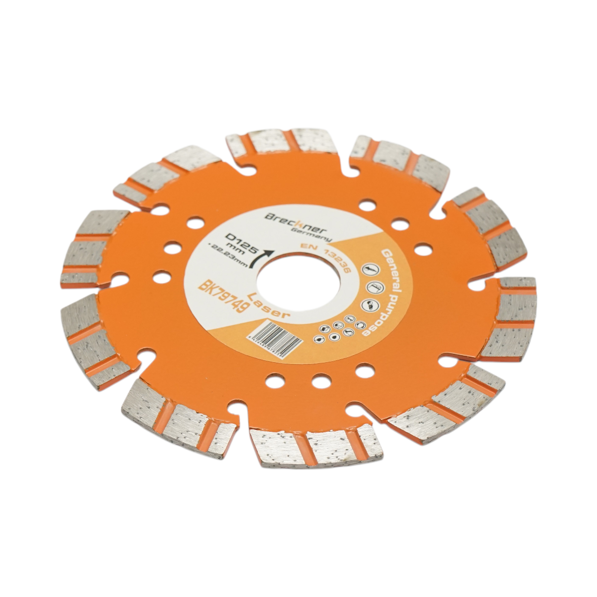 Disc diamantat turbo segmentat Breckner Germany 125x22.23 mm, segment 10 mm, Tehnologie Laser, pentru taiere BETON ARMAT, piatra dura, pavele, boltari