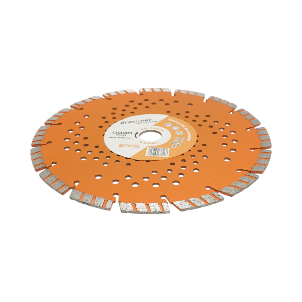 Disc diamantat Turbo segmentat Breckner Germany 230x22.23 mm, segment 10 mm, tehnologie Laser, corp perforat pentru racire si evacuare praf, pentru beton armat, pavele, boltari, piatra dura